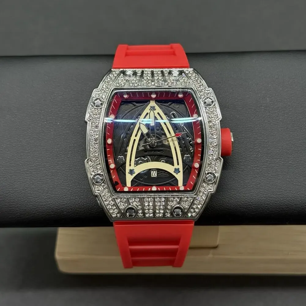 Men's Avant-Garde Tonneau Sport Watch Fully Iced Out Bezel & Vibrant Red Band